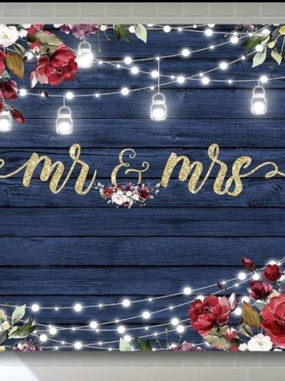 Mr. & Mrs. Wedding Backdrop - Navy Blue with Gold Script and Red Floral